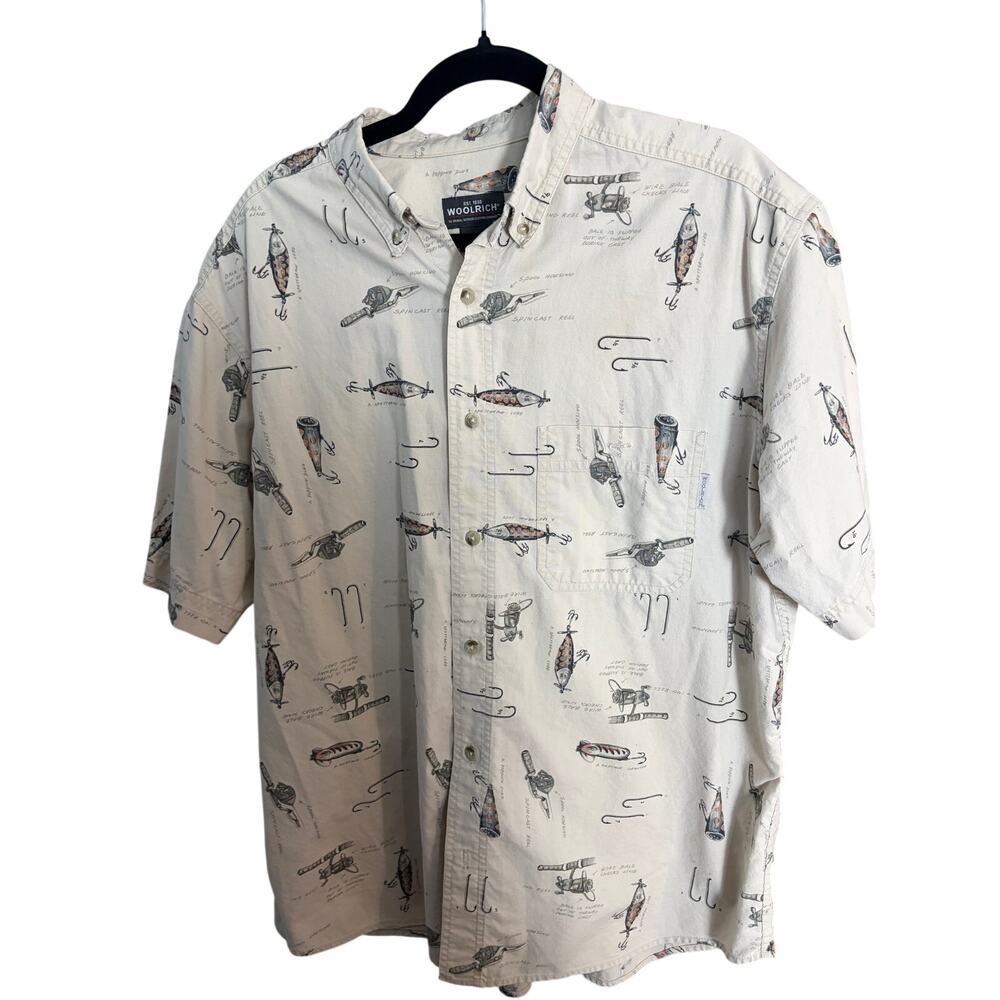 Woolrich Hooks & Reels Fishing Button Front Shirt Men's L Cotton Cabin Core Flaw